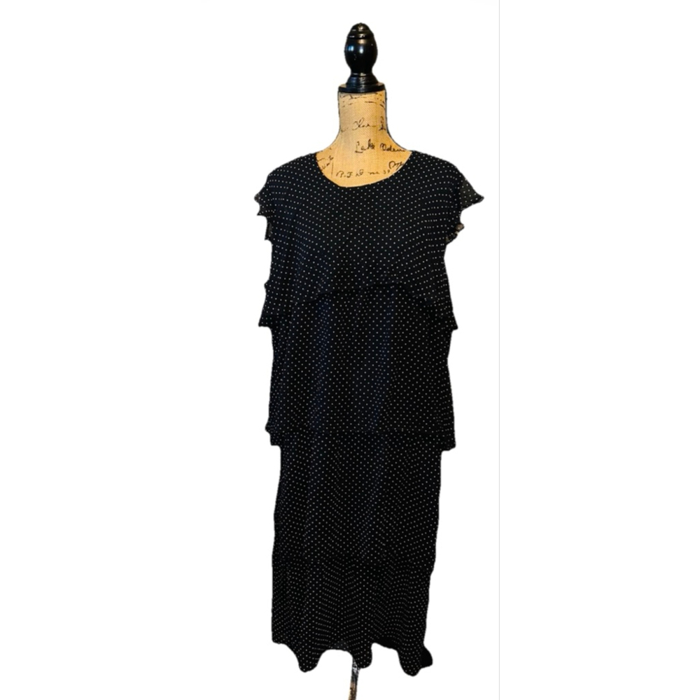 Who What Wear Women's Polka Dot Short Sleeve Tiered Black Dress XXL